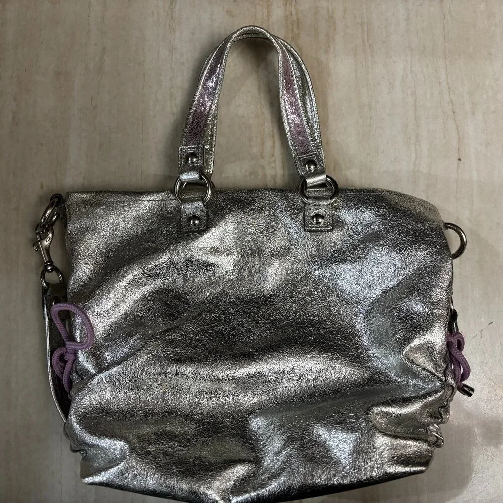 Coach Poppy Metallic Silver Leather Star Appliqué Tote Bag Purple Y2K - Picture 5 of 10